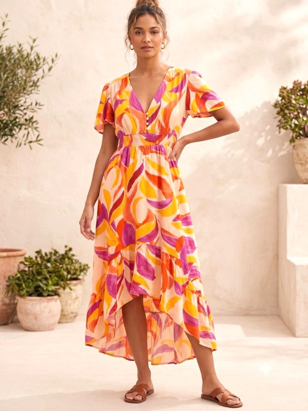 Abel the Label Anthropologie Swish Hi Lo midi Dress Orange Pink Smocking M chic